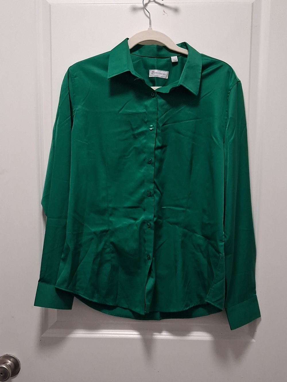 Women's Emerald Green Satin Button-Down Shirt by Unknown Brand